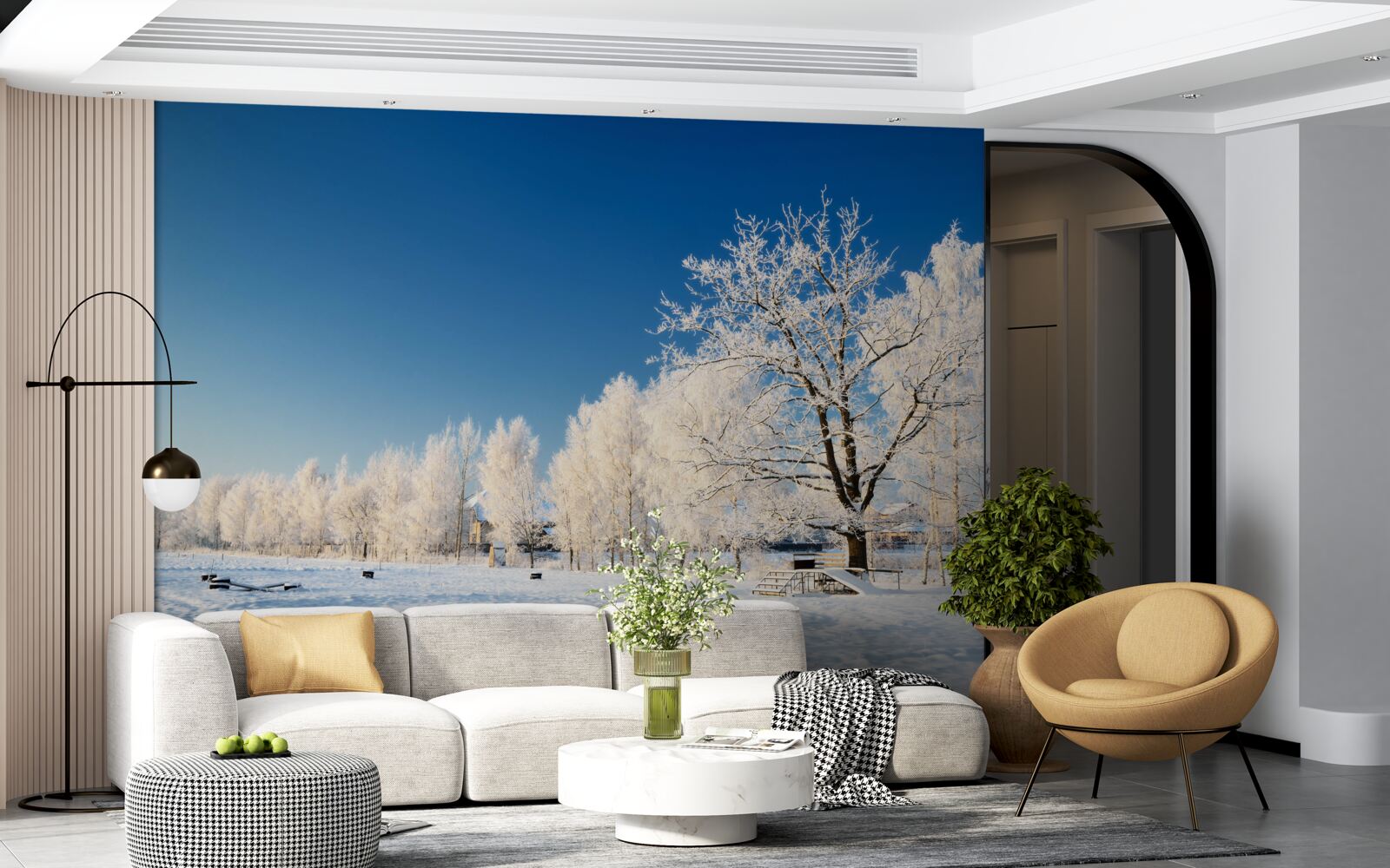 Фотошпалери казкова зима на тлі блакитного неба