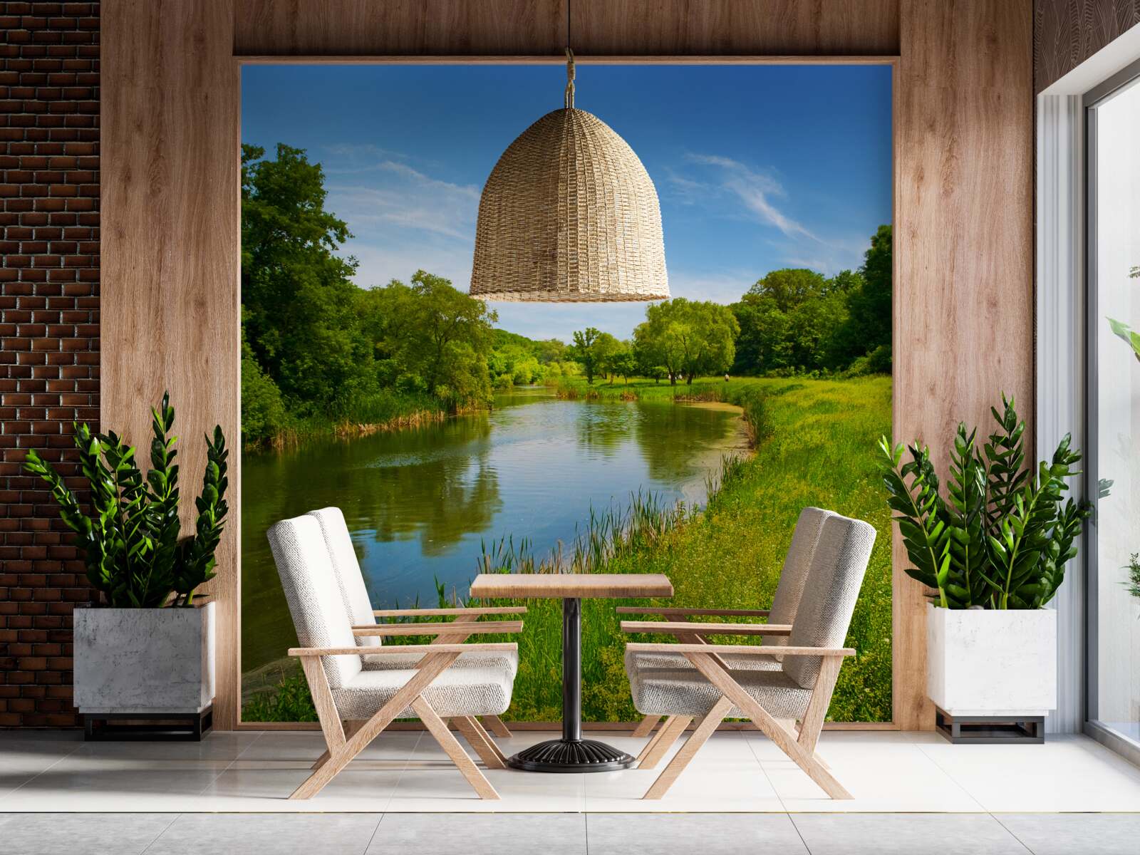 Фотошпалери зелений луг зі спокійною водою, що протікає по ньому