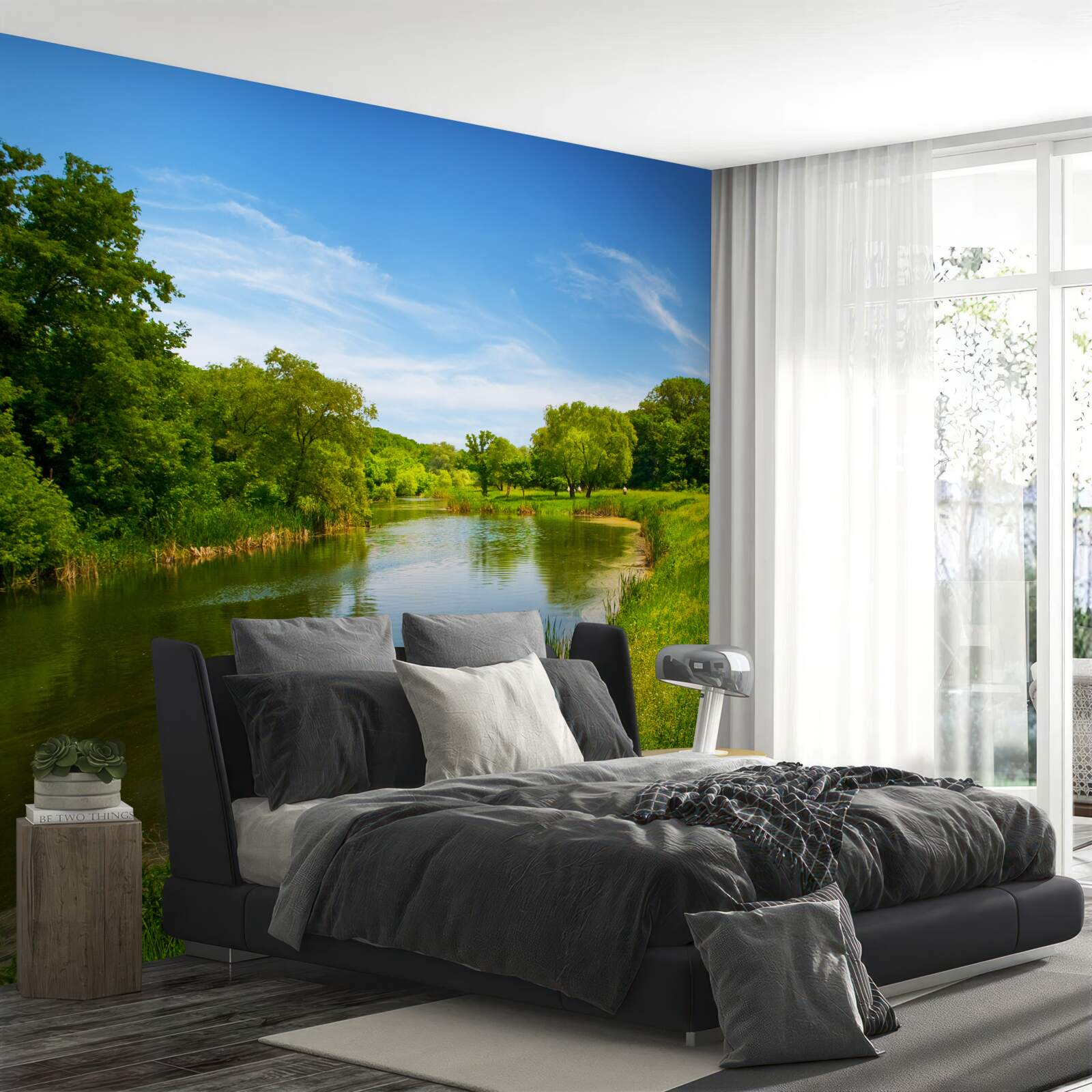 Фотошпалери зелений луг зі спокійною водою, що протікає по ньому