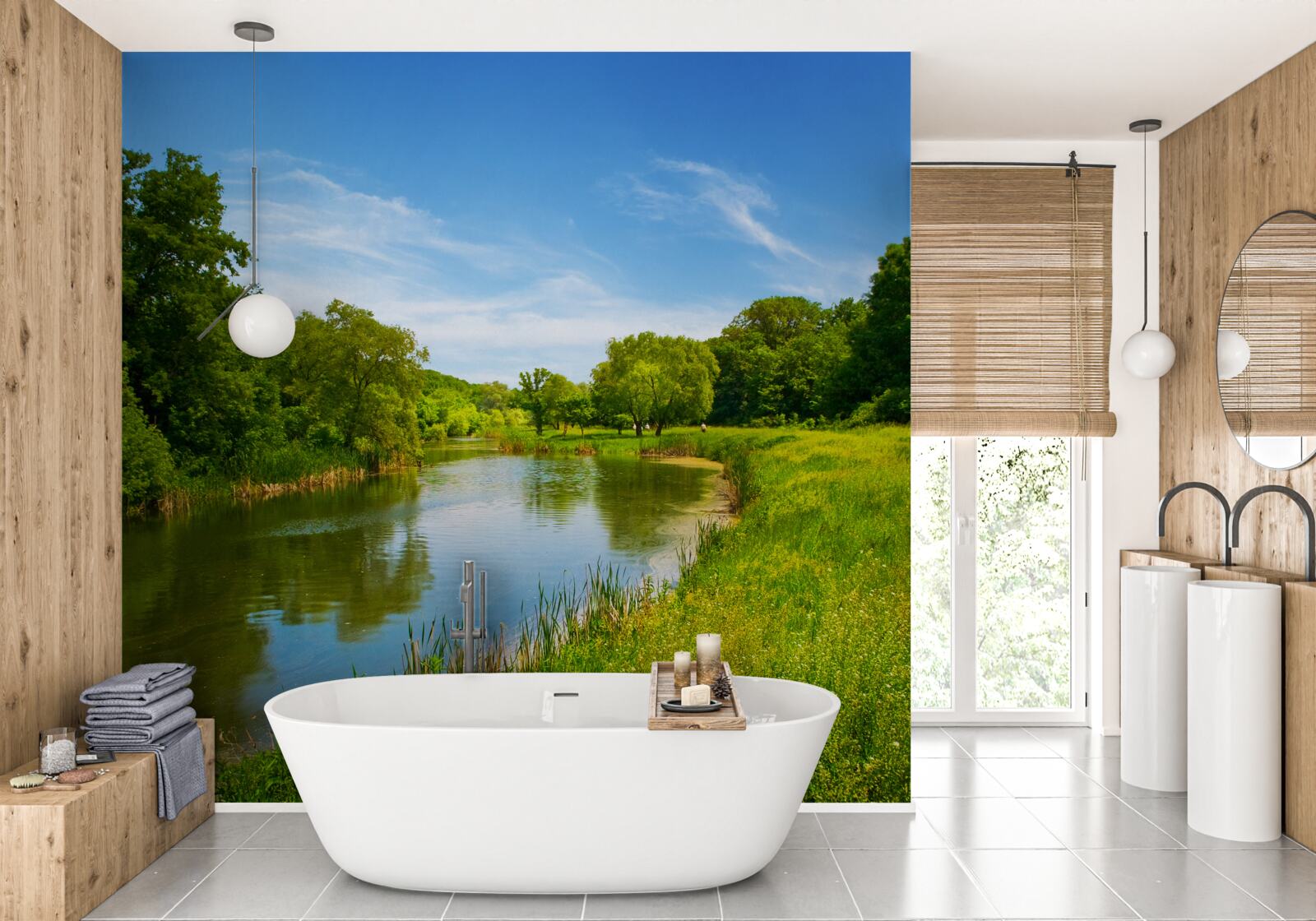 Фотошпалери зелений луг зі спокійною водою, що протікає по ньому