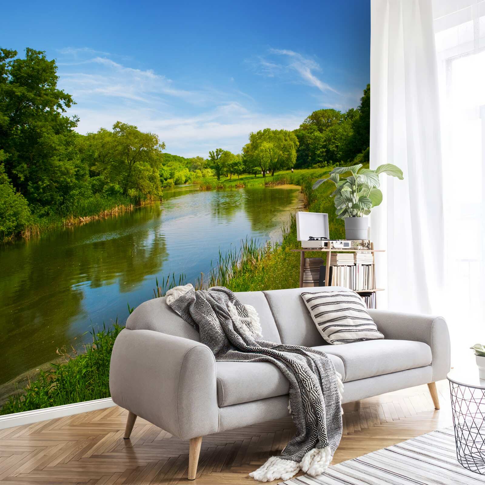 Фотошпалери зелений луг зі спокійною водою, що протікає по ньому