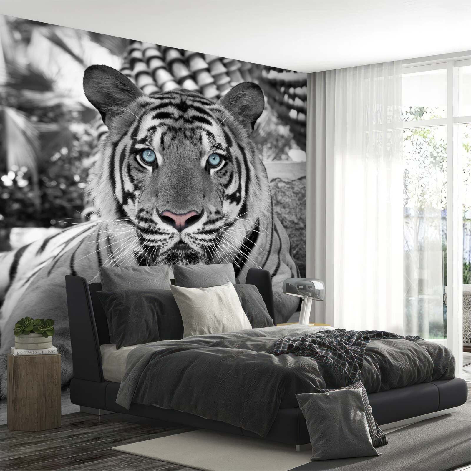 Фотошпалери чорно-білий тигр з красивими блакитними очима