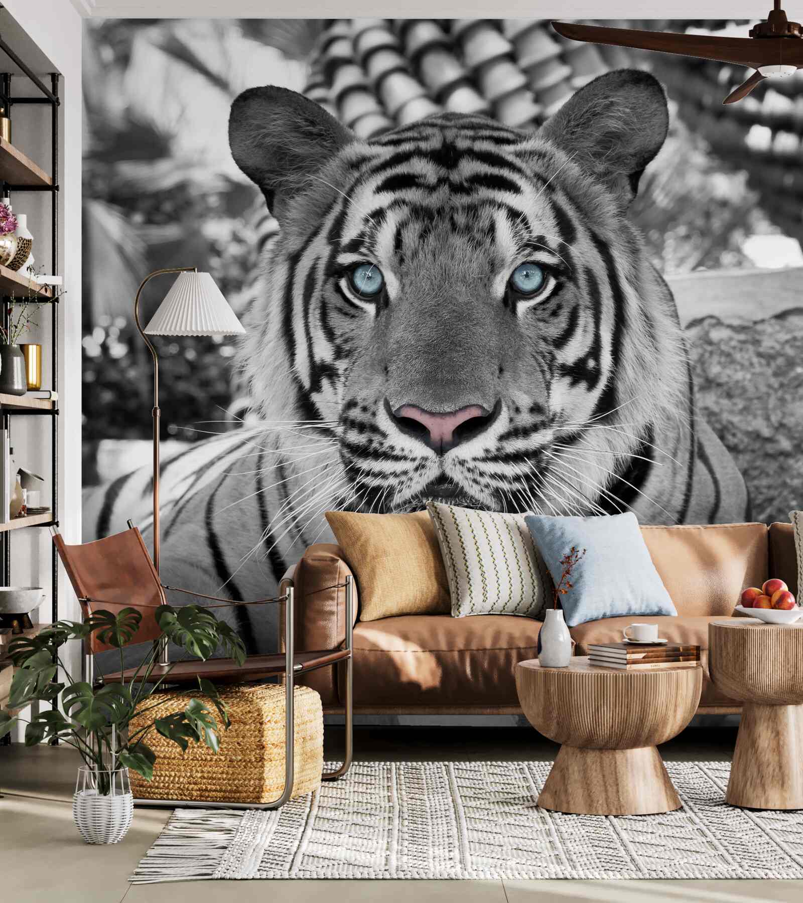 Фотошпалери чорно-білий тигр з красивими блакитними очима
