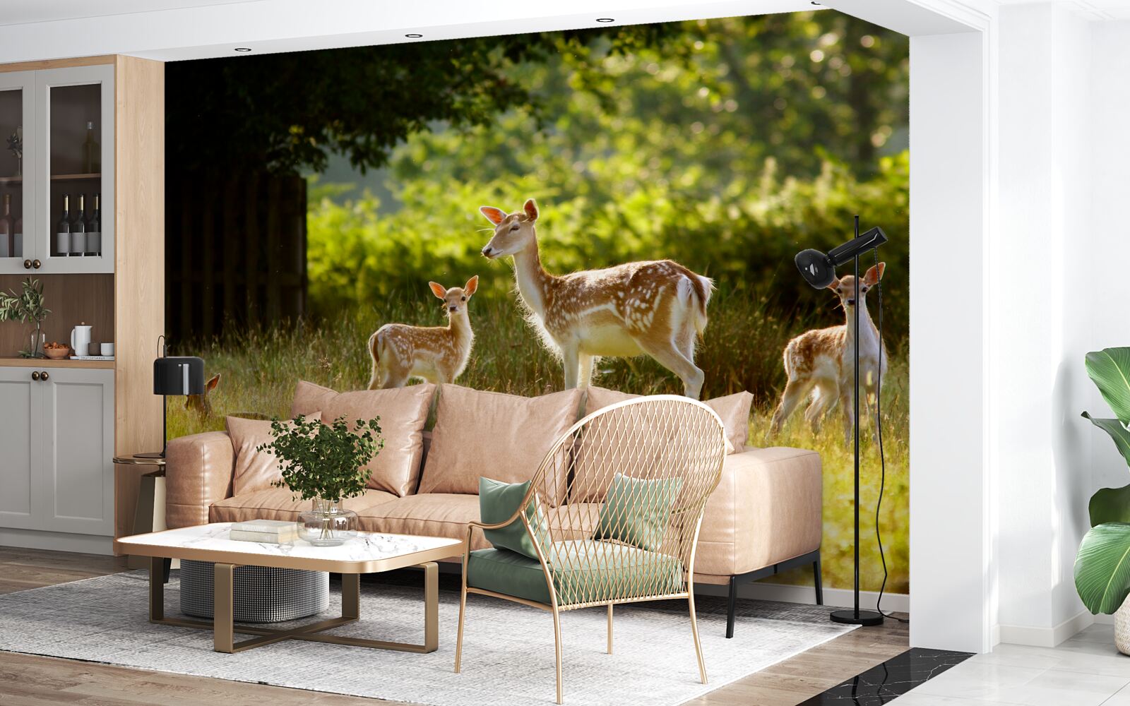 Фотошпалери група строкатих оленів пасеться в полі