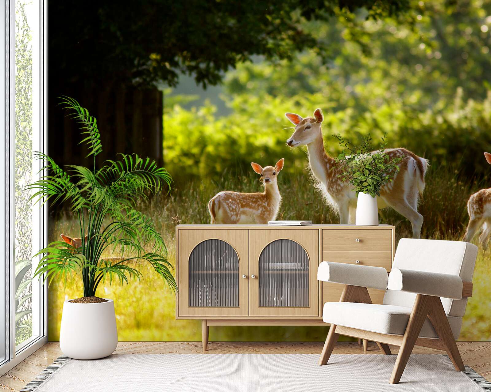 Фотошпалери група строкатих оленів пасеться в полі