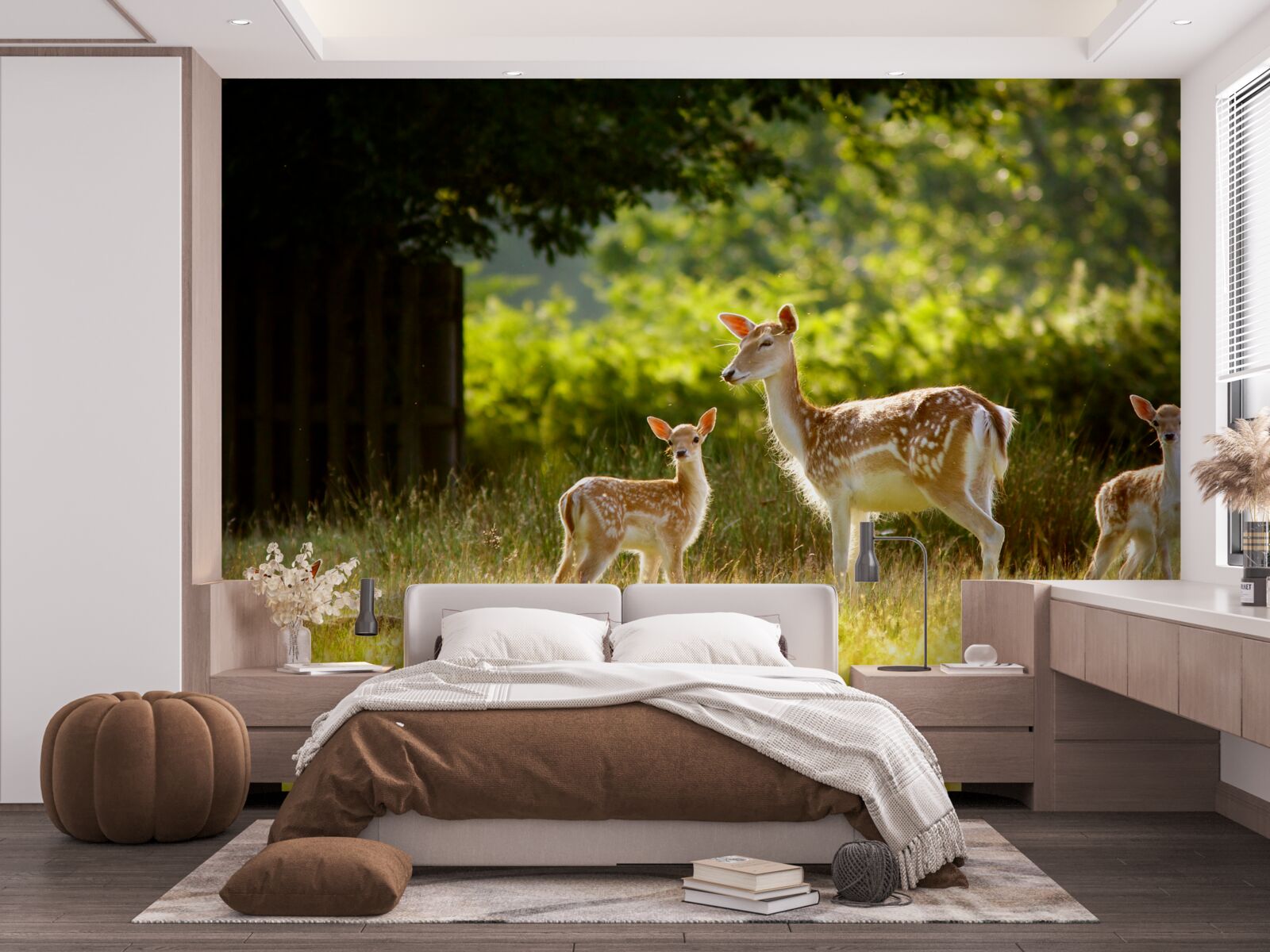 Фотошпалери група строкатих оленів пасеться в полі