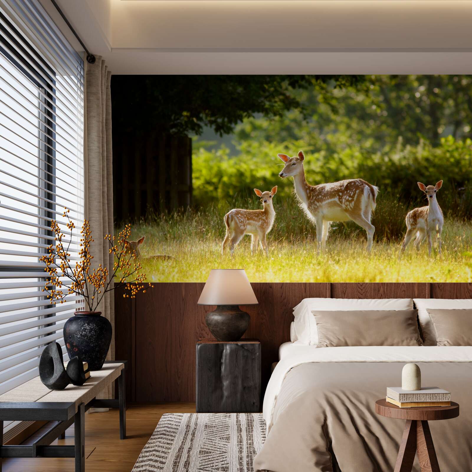 Фотошпалери група строкатих оленів пасеться в полі