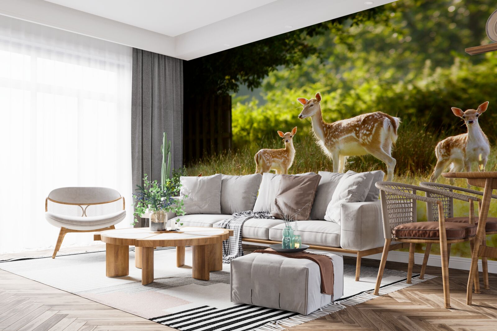 Фотошпалери група строкатих оленів пасеться в полі