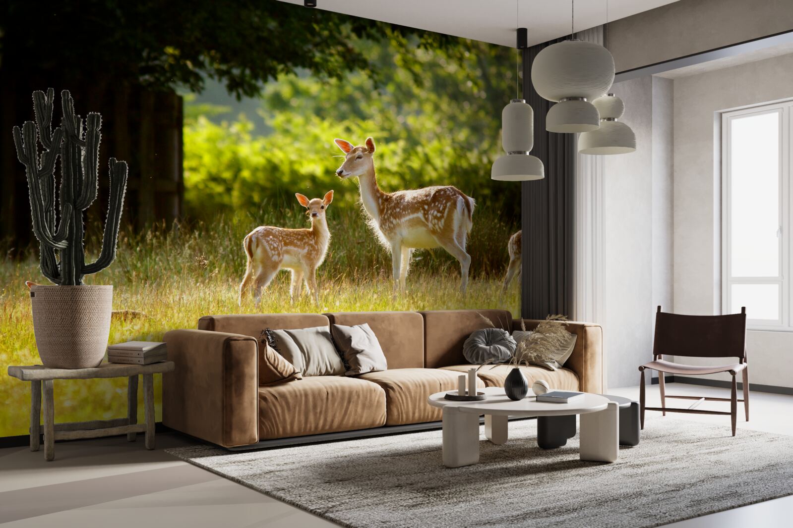 Фотошпалери група строкатих оленів пасеться в полі