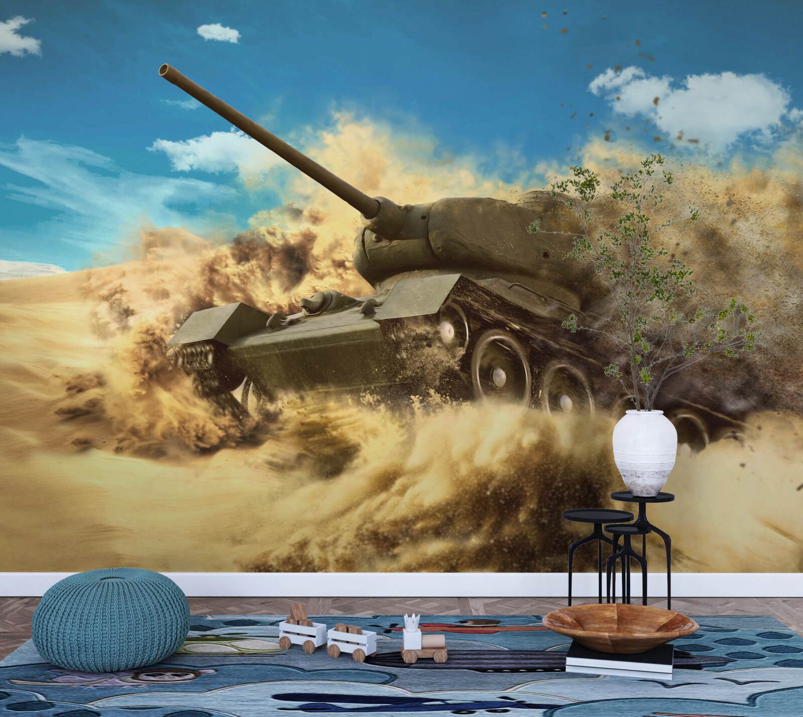 Фотошпалери танк рухається по піщаній поверхні