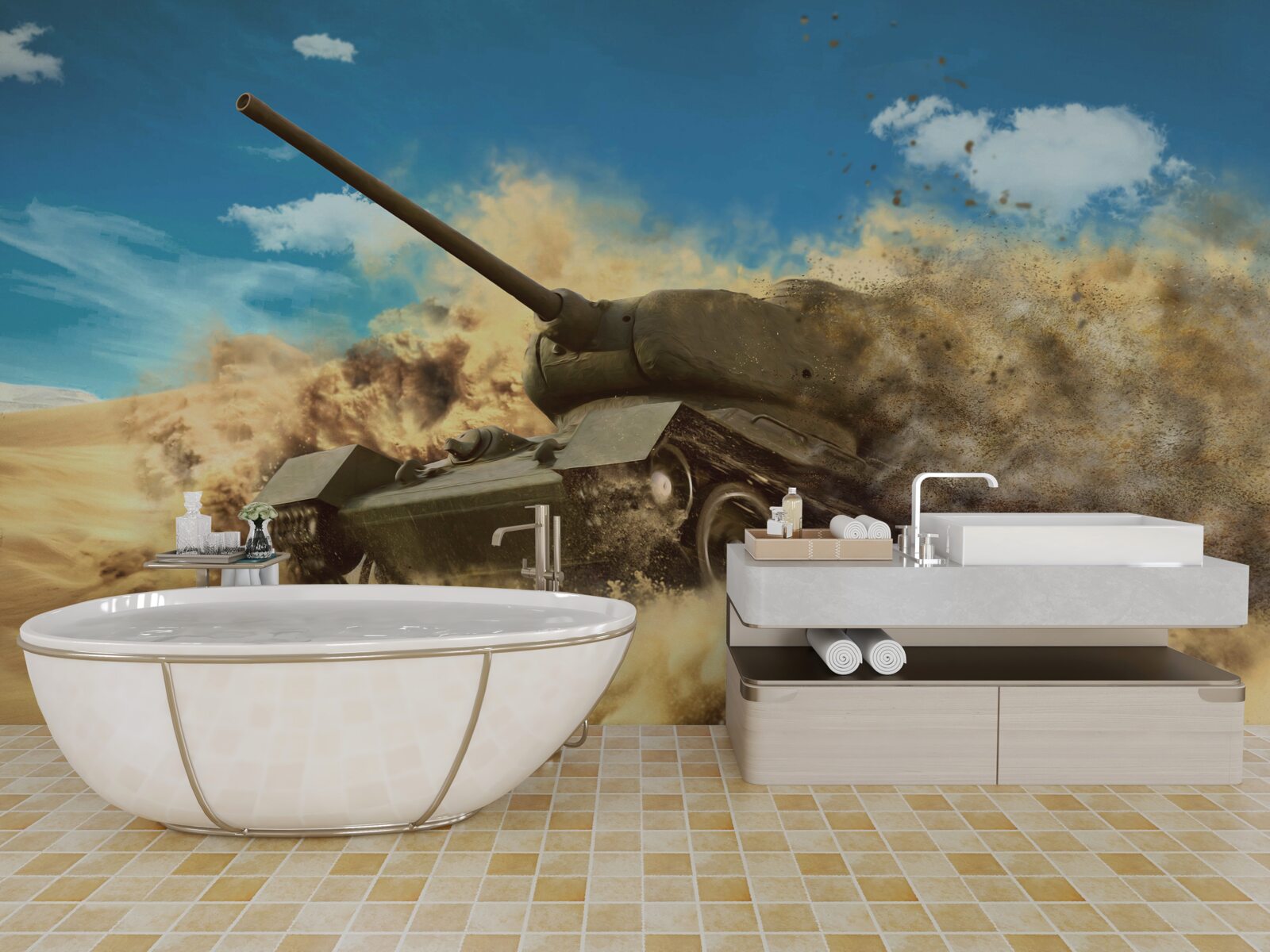 Фотошпалери танк рухається по піщаній поверхні