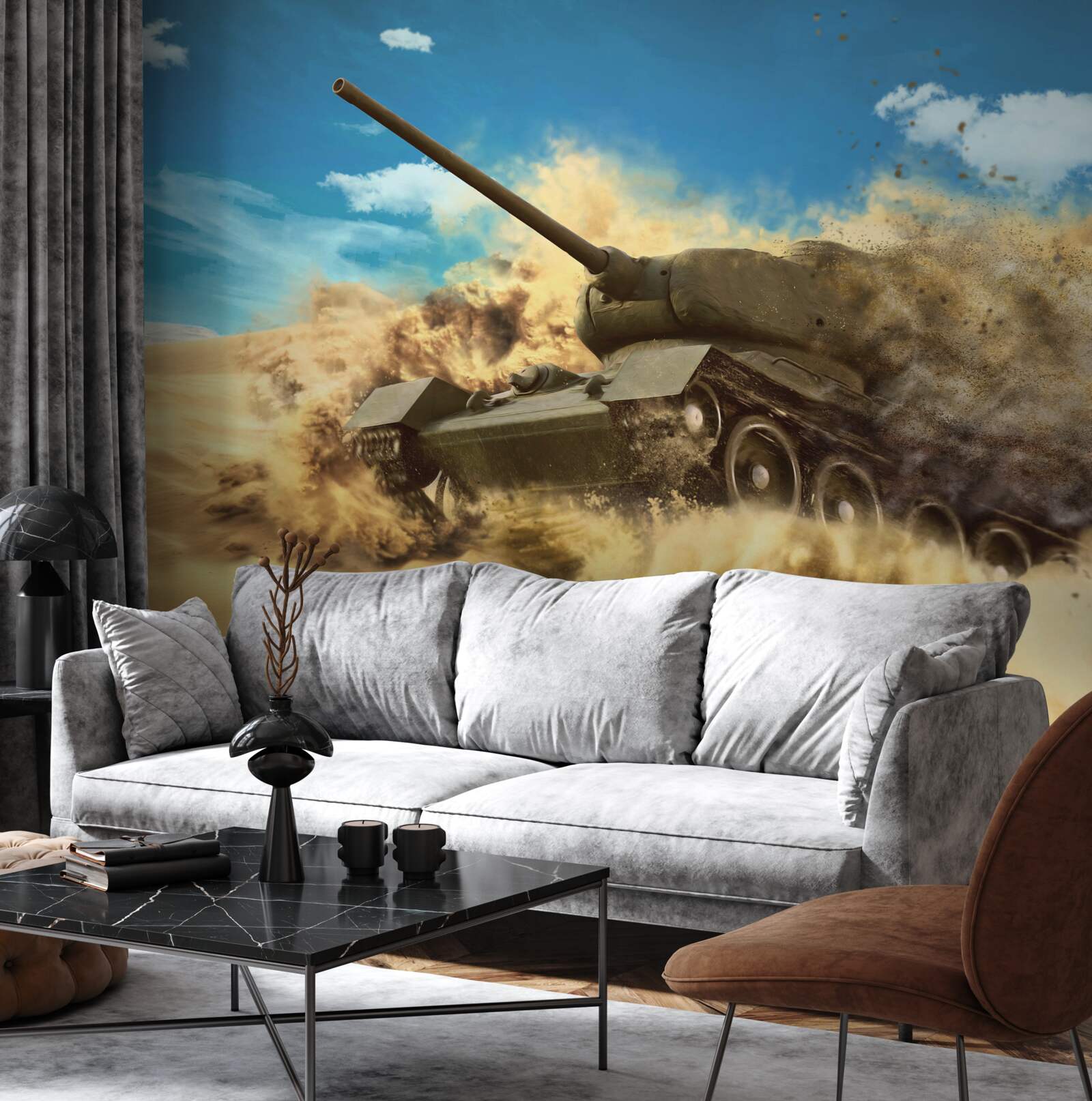 Фотошпалери танк рухається по піщаній поверхні