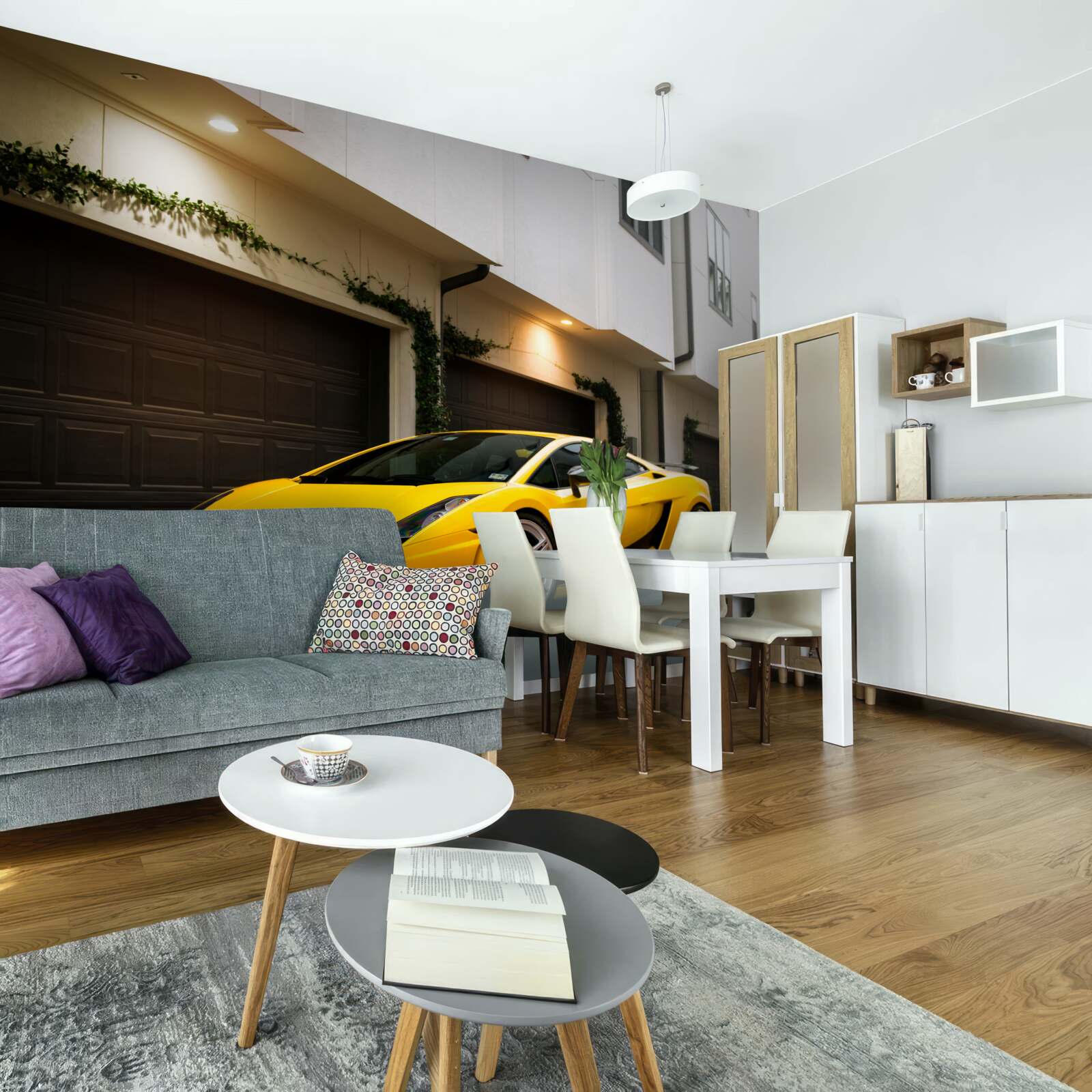 Фотошпалери стильне жовте авто біля будинку