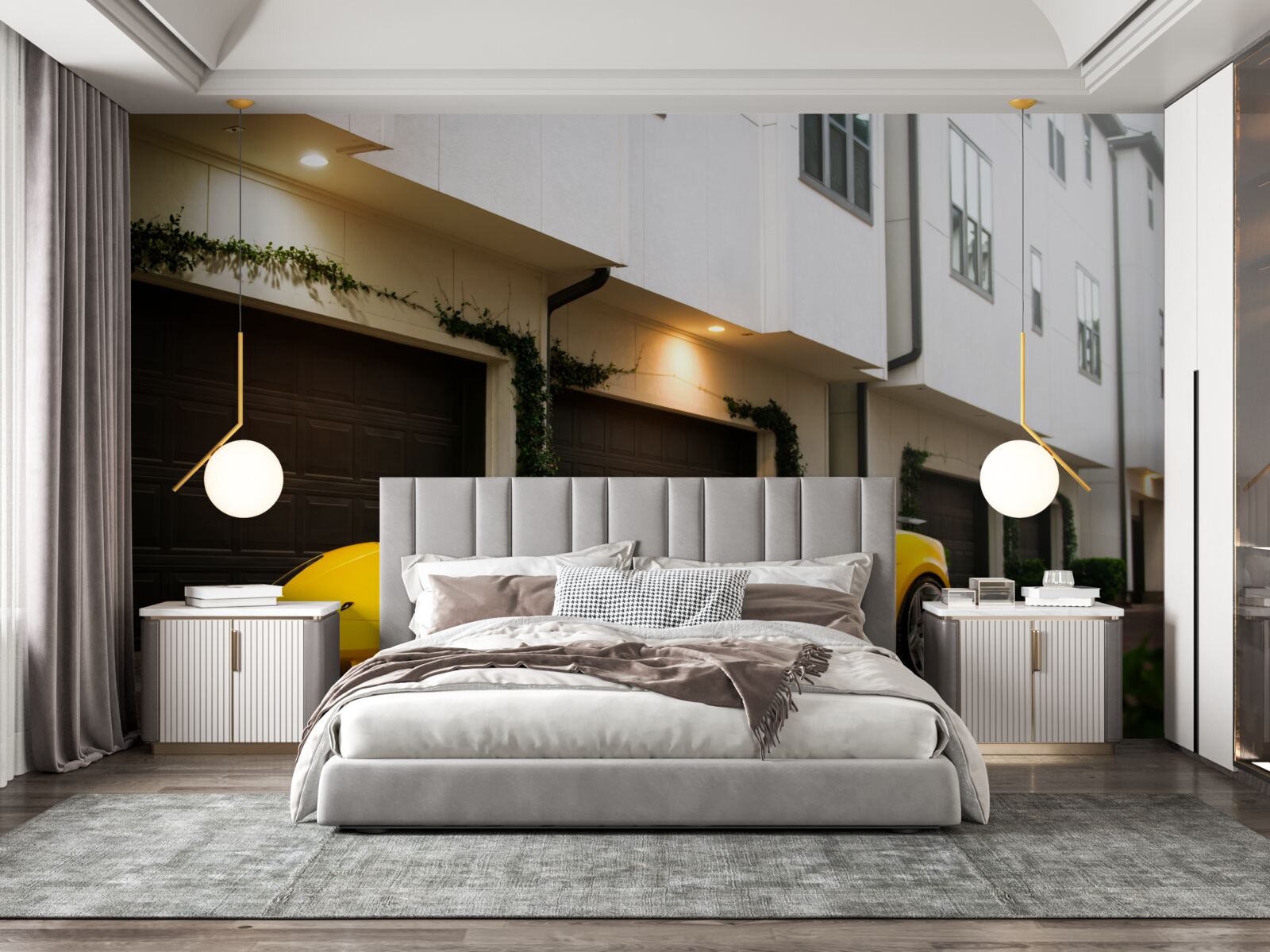 Фотошпалери стильне жовте авто біля будинку