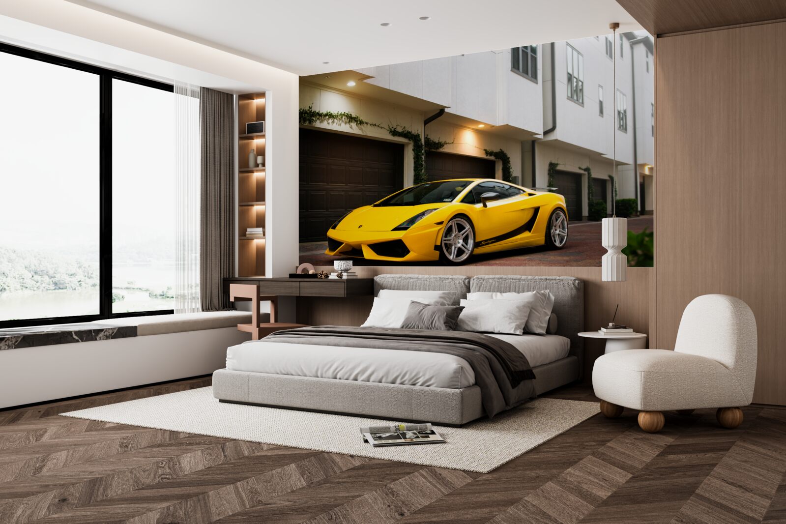 Фотошпалери стильне жовте авто біля будинку