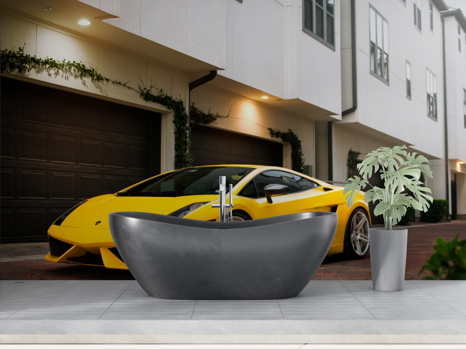 Фотошпалери стильне жовте авто біля будинку