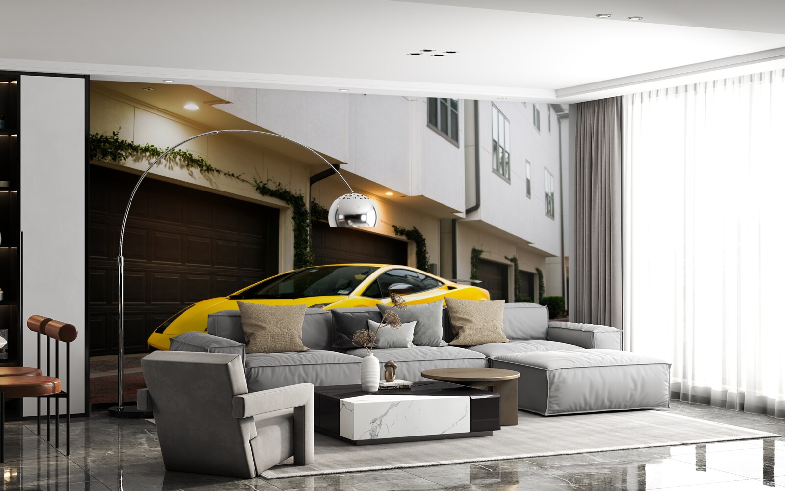 Фотошпалери стильне жовте авто біля будинку