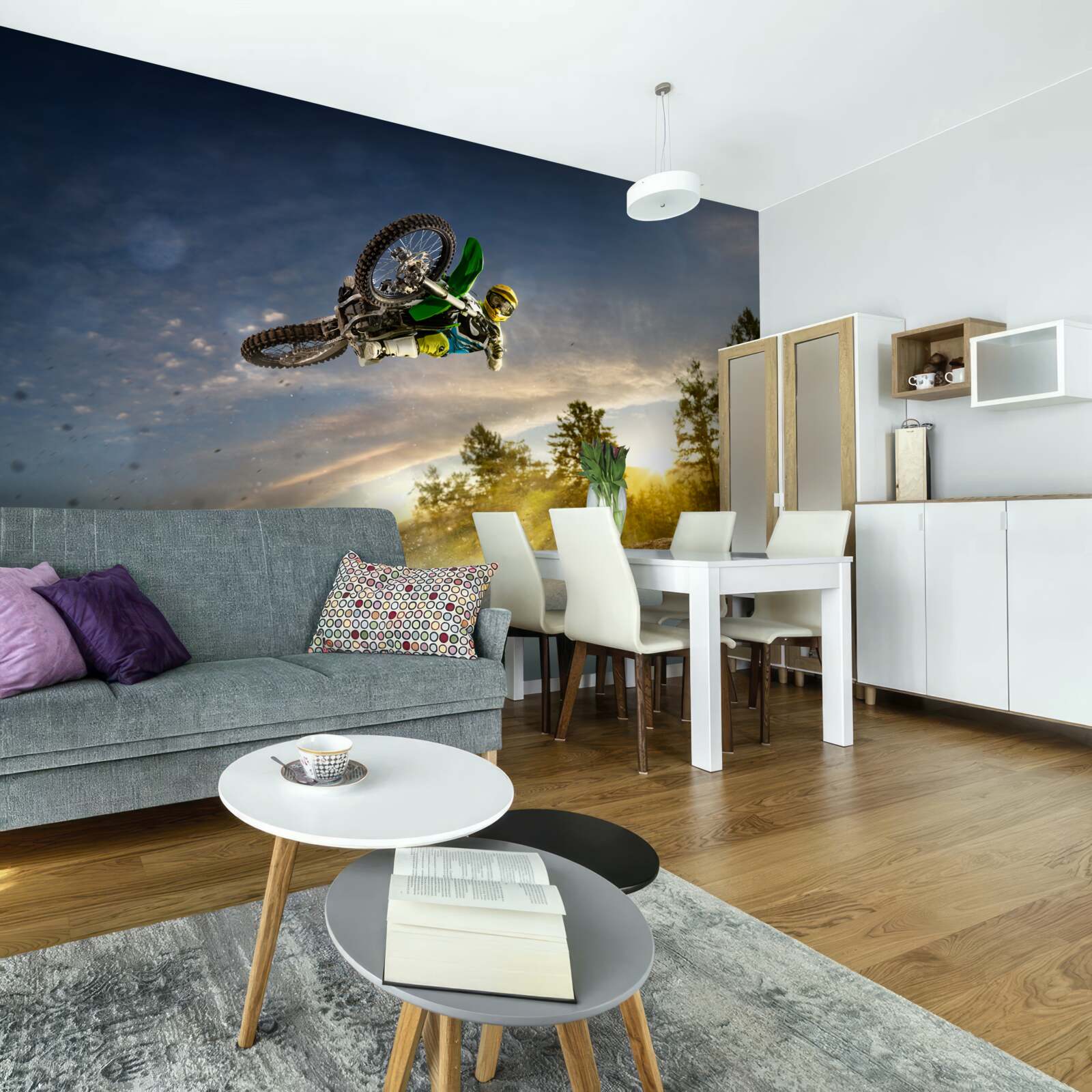 Фотошпалери стрибки на мотоциклі на заході сонця