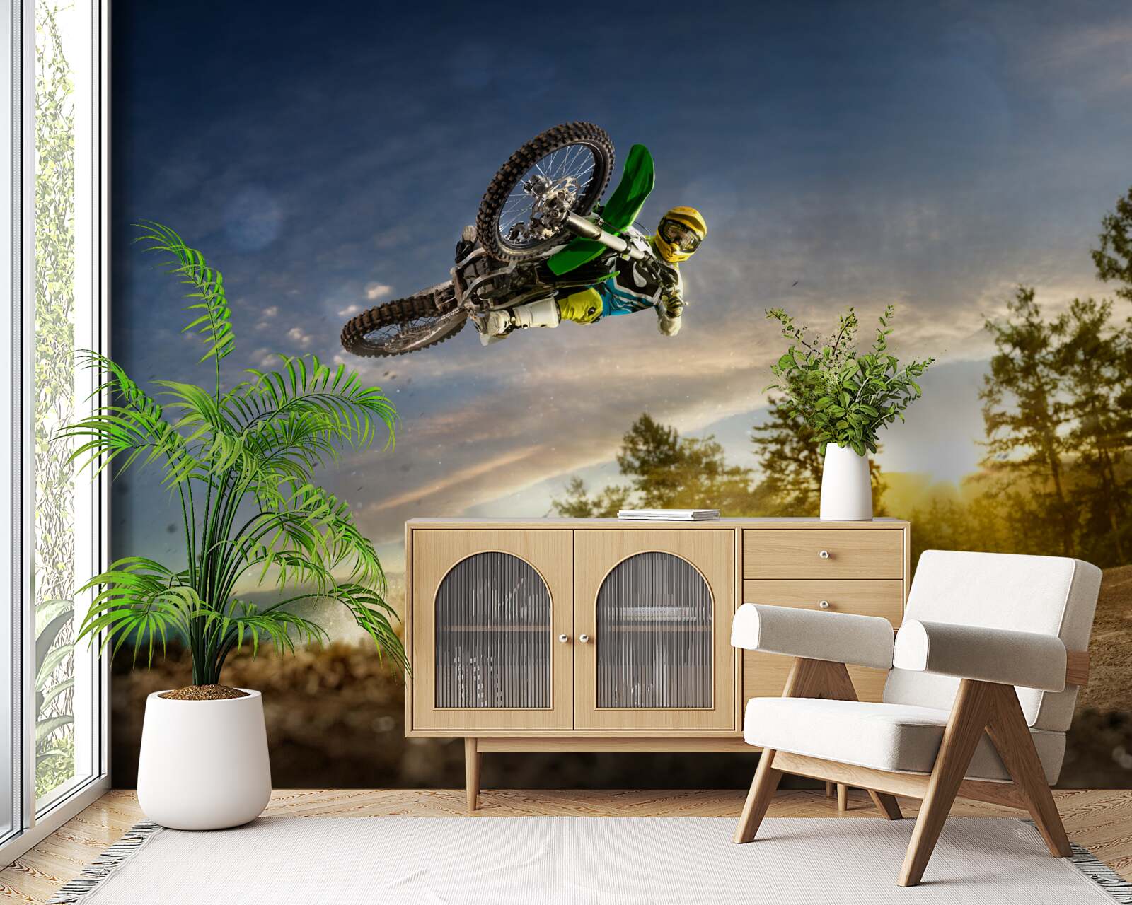 Фотошпалери стрибки на мотоциклі на заході сонця