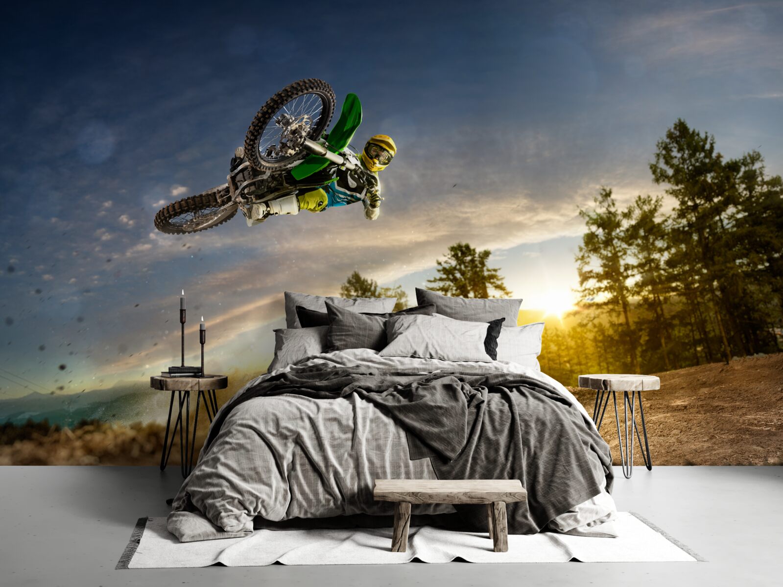 Фотошпалери стрибки на мотоциклі на заході сонця