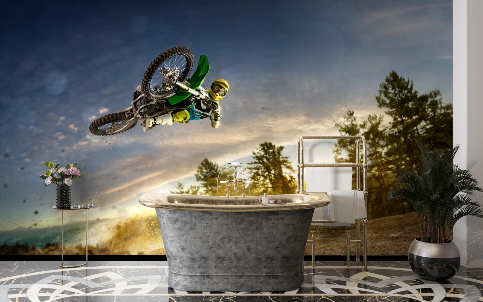 Фотошпалери стрибки на мотоциклі на заході сонця