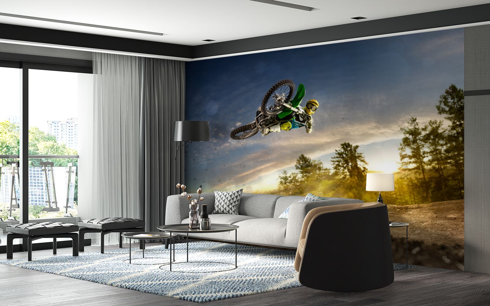 Фотошпалери стрибки на мотоциклі на заході сонця