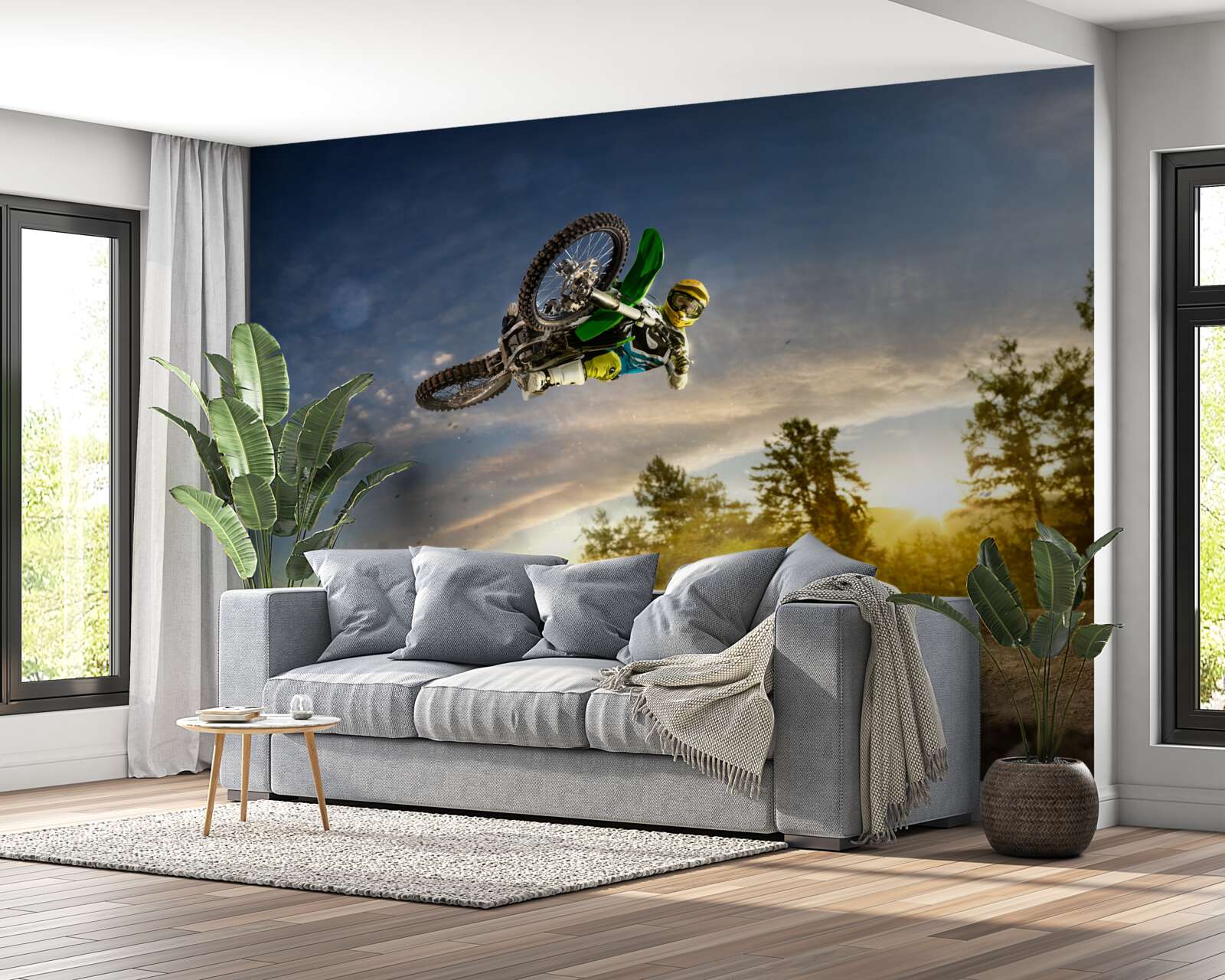 Фотошпалери стрибки на мотоциклі на заході сонця