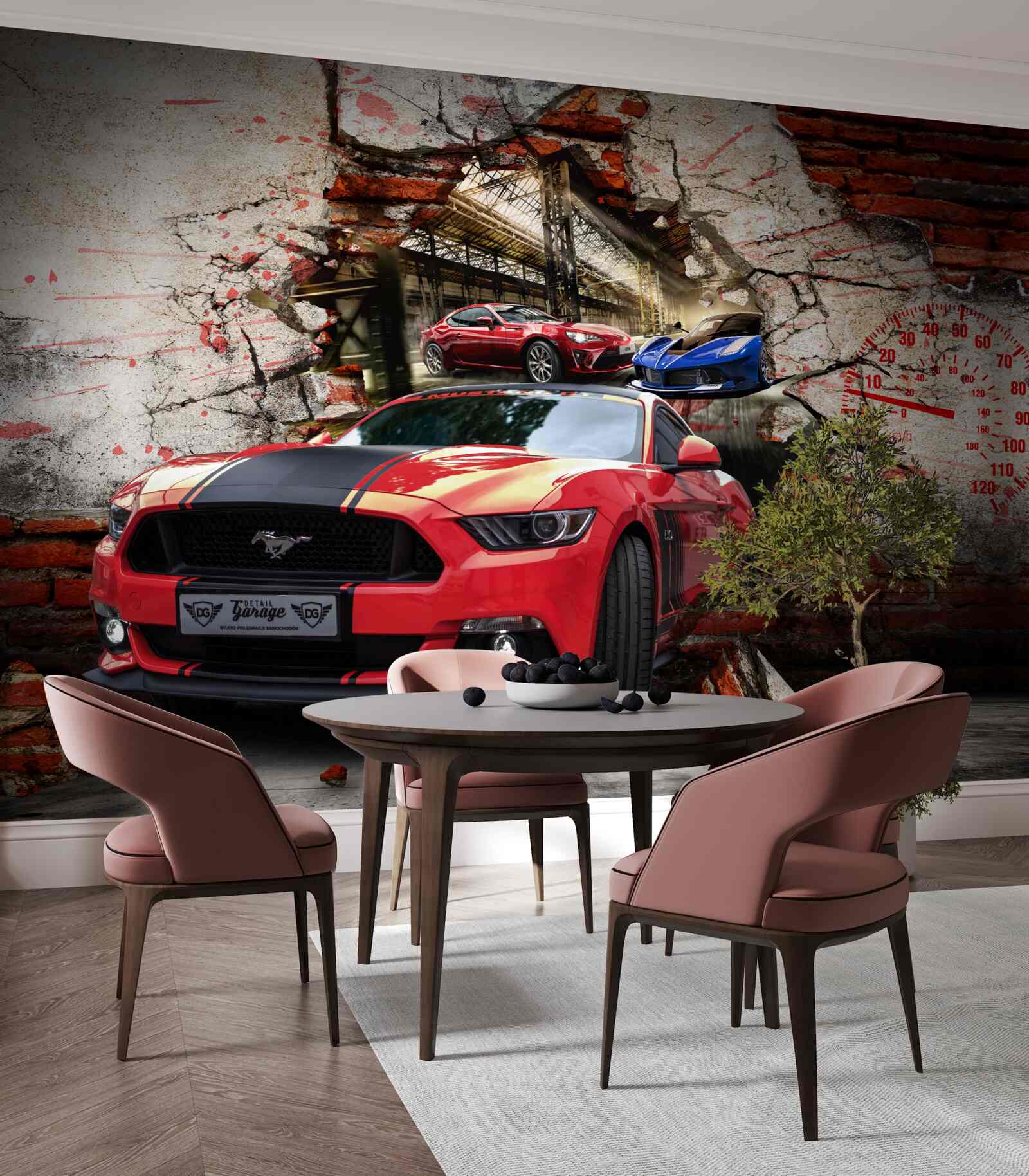 Фотошпалери червона машина в стіні