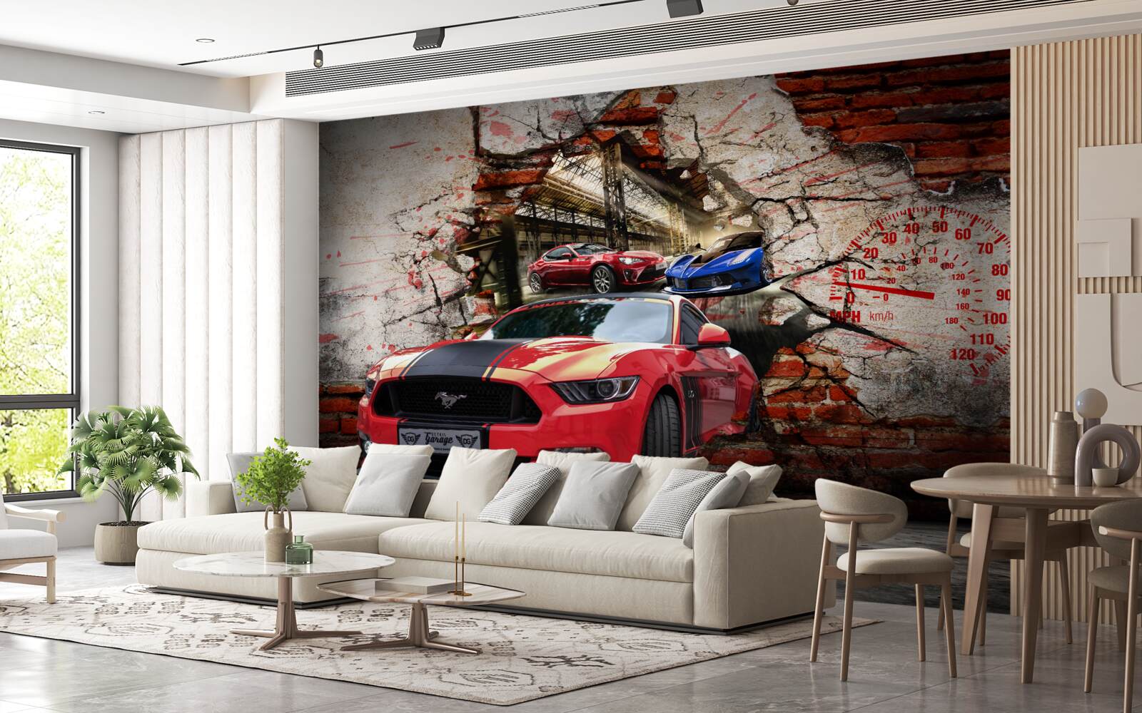 Фотошпалери червона машина в стіні