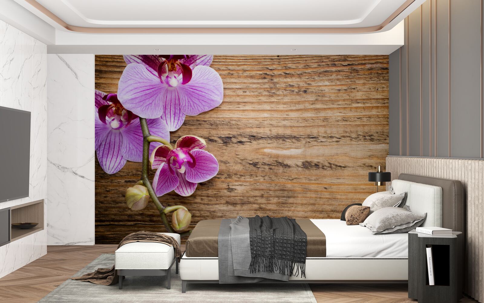 Фотошпалери бузкова орхідея на стовбурі дерева