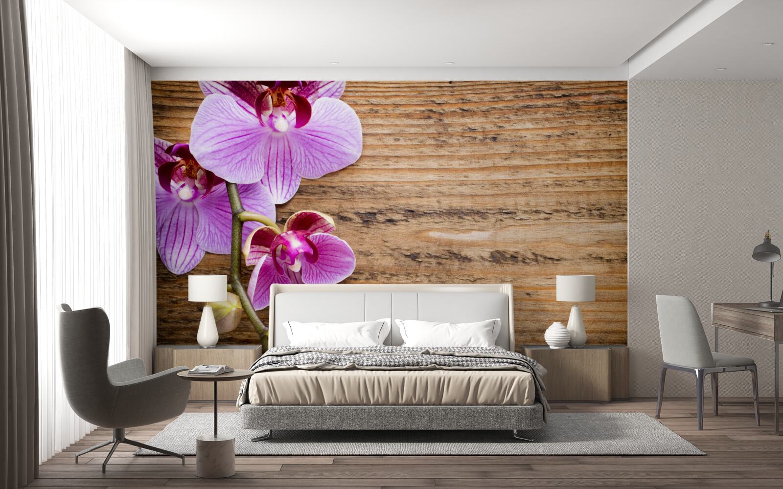 Фотошпалери бузкова орхідея на стовбурі дерева