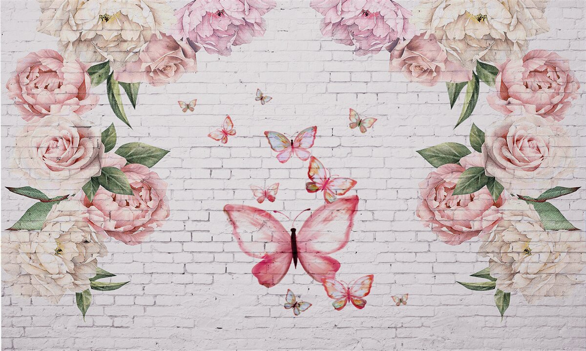 Фотошпалери метелик, прикрашений квітами, з шифону