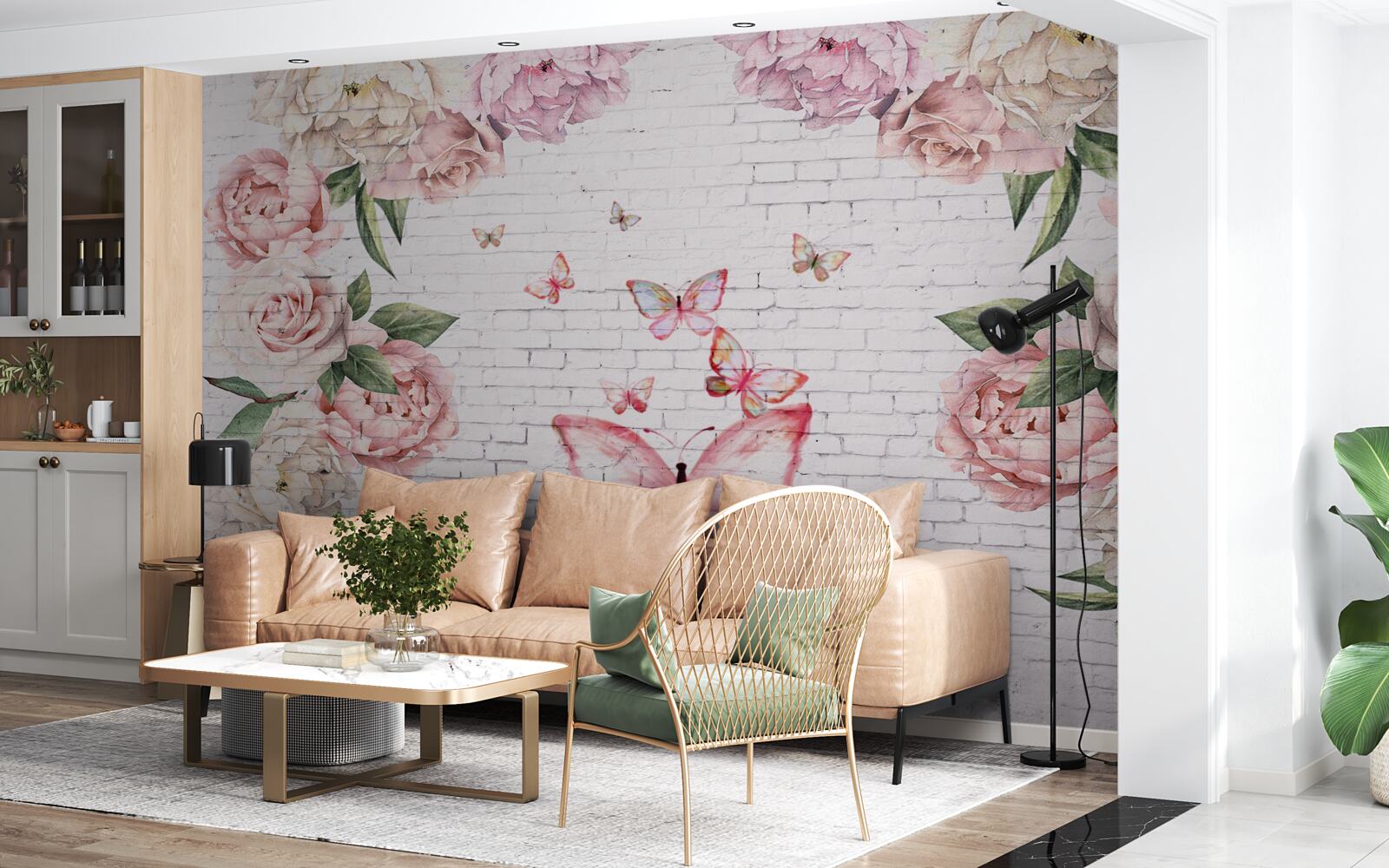 Фотошпалери метелик, прикрашений квітами, з шифону