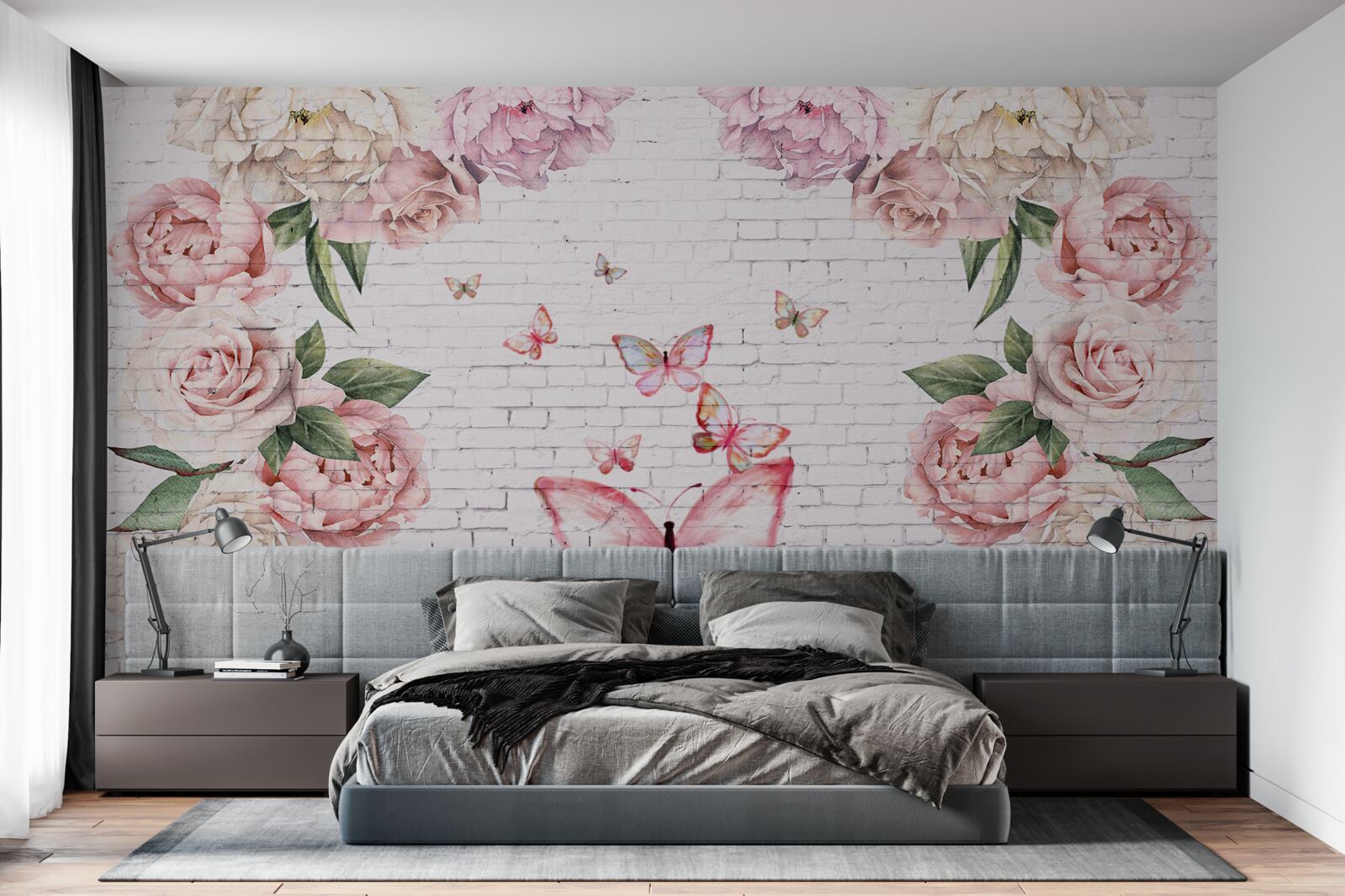 Фотошпалери метелик, прикрашений квітами, з шифону