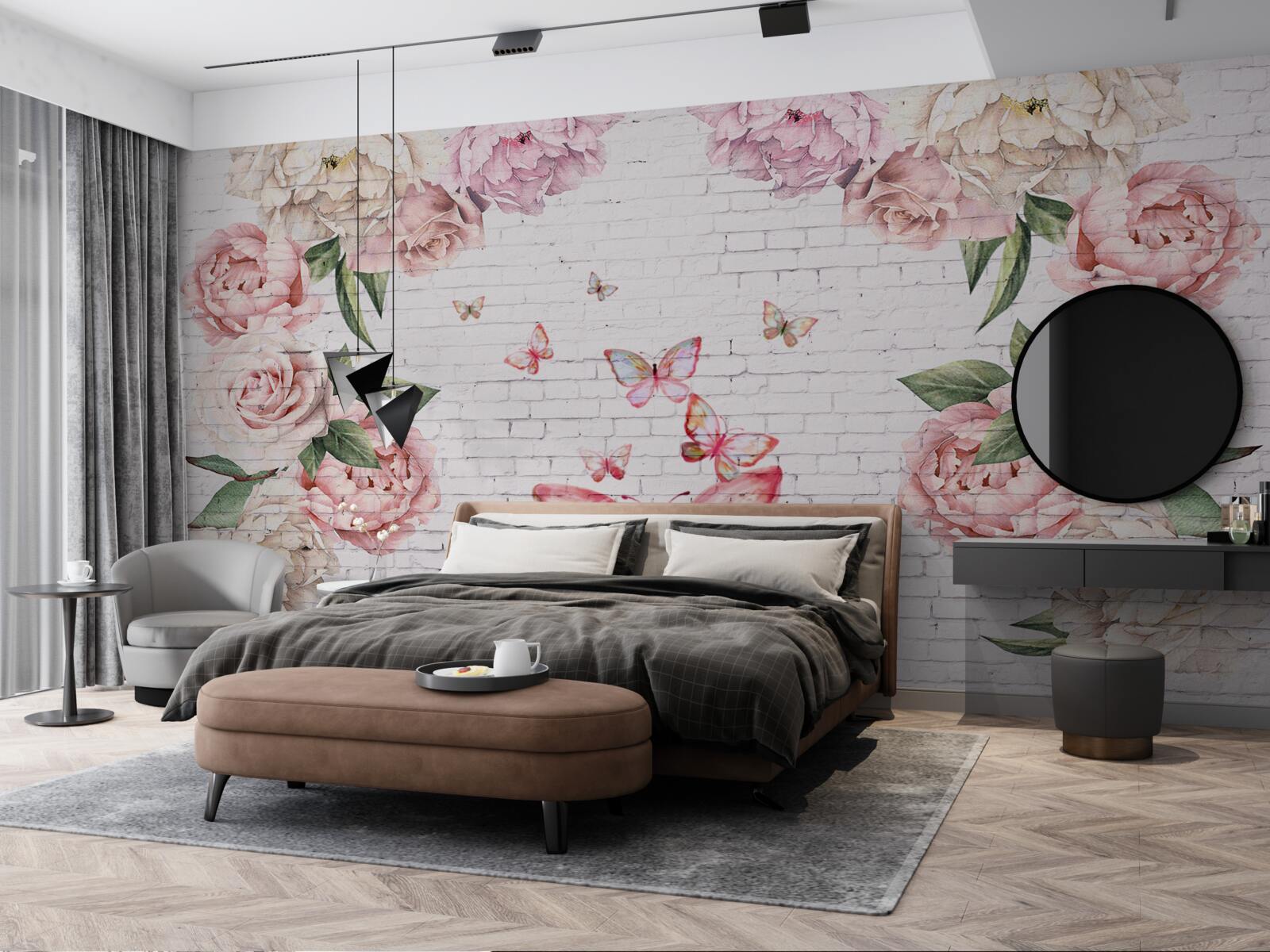 Фотошпалери метелик, прикрашений квітами, з шифону