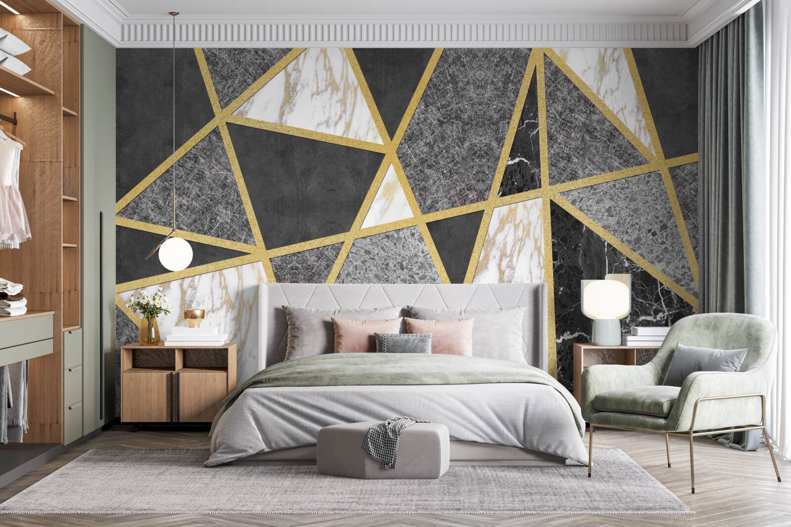 Фотошпалери чорно-біла мозаїка з золотими акцентами