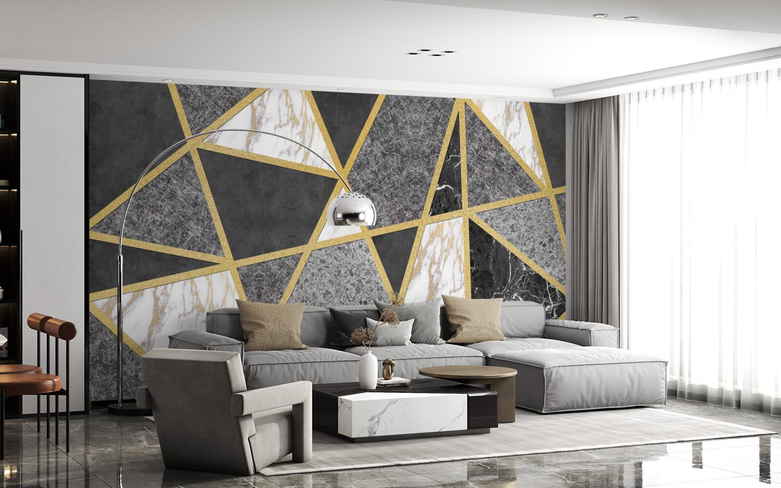 Фотошпалери чорно-біла мозаїка з золотими акцентами