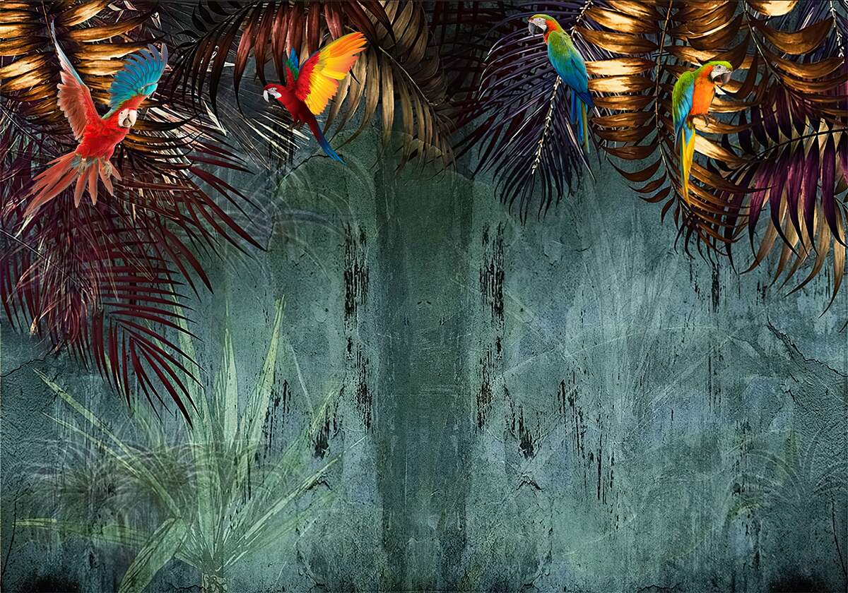 Фотошпалери ввечері папуги сидять на тропічному листі