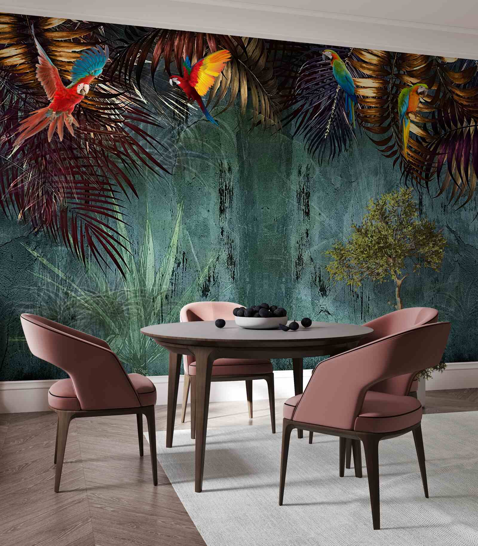 Фотошпалери ввечері папуги сидять на тропічному листі