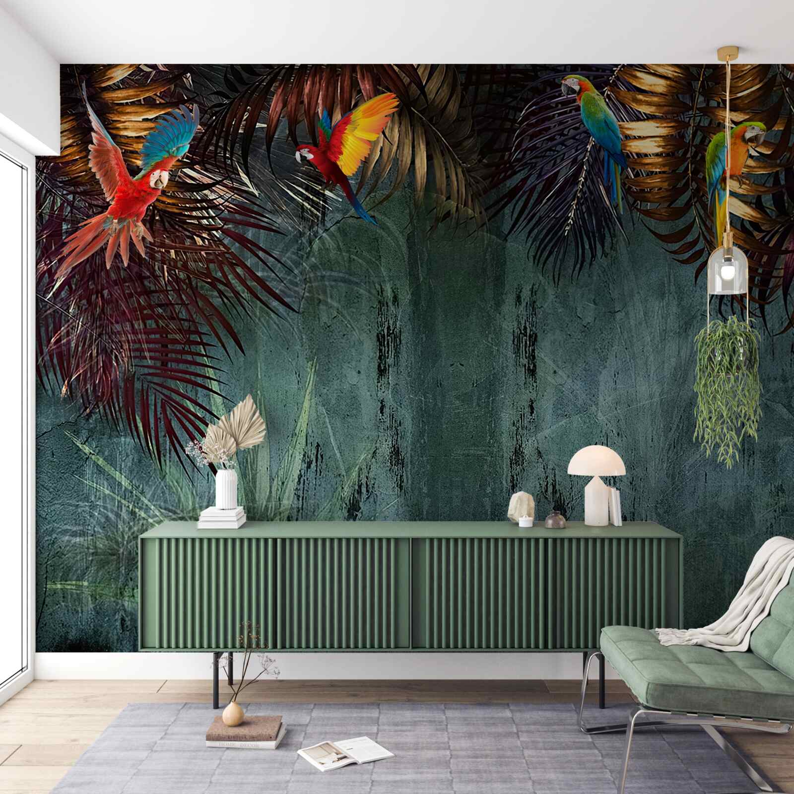 Фотошпалери ввечері папуги сидять на тропічному листі