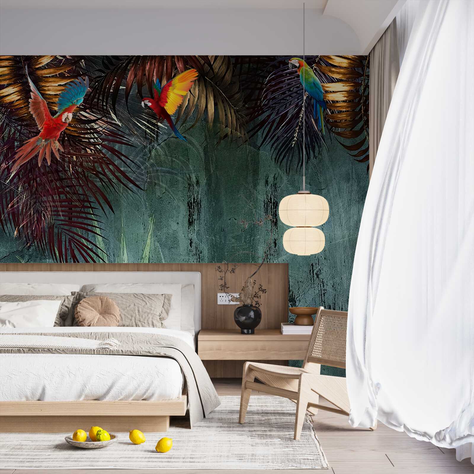 Фотошпалери ввечері папуги сидять на тропічному листі