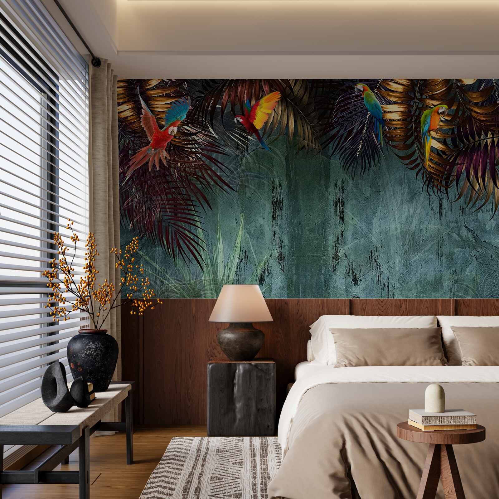 Фотошпалери ввечері папуги сидять на тропічному листі