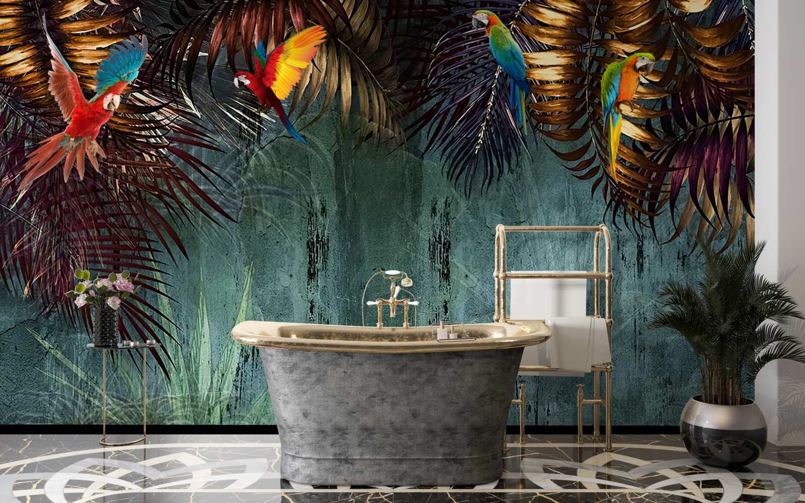 Фотошпалери ввечері папуги сидять на тропічному листі