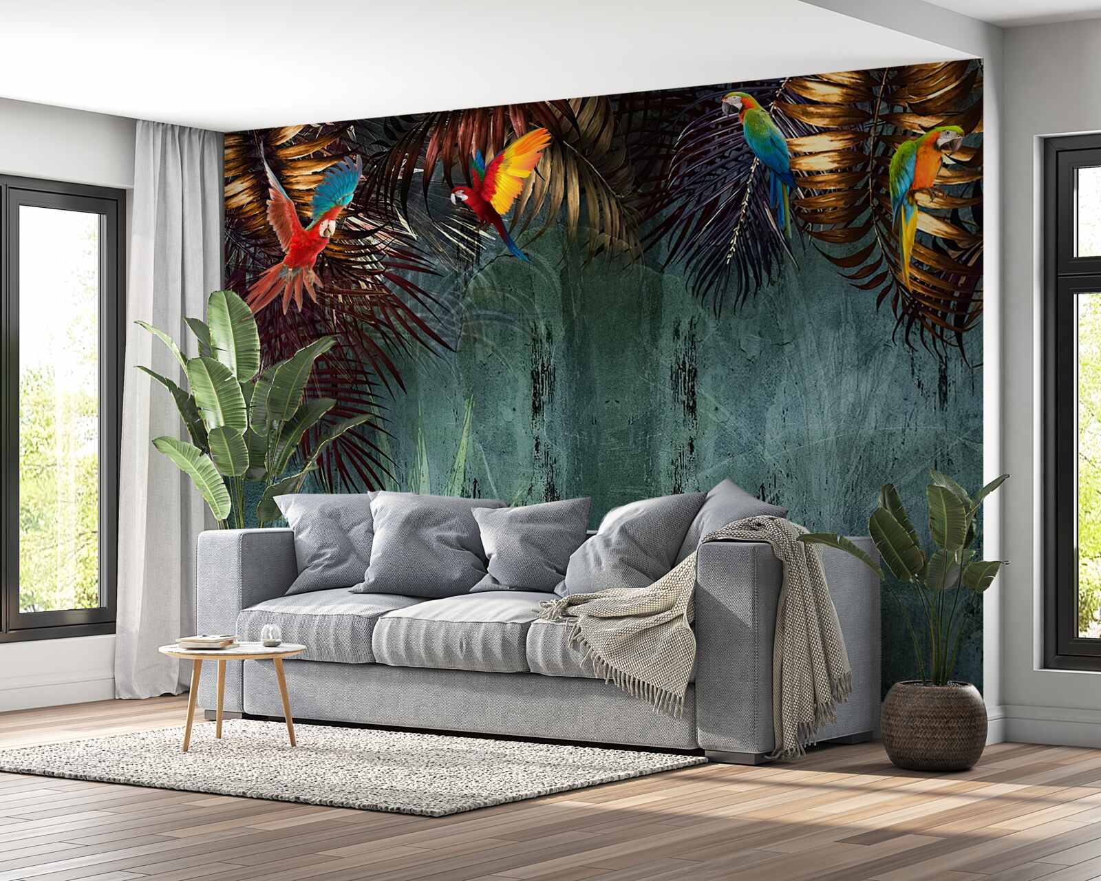 Фотошпалери ввечері папуги сидять на тропічному листі