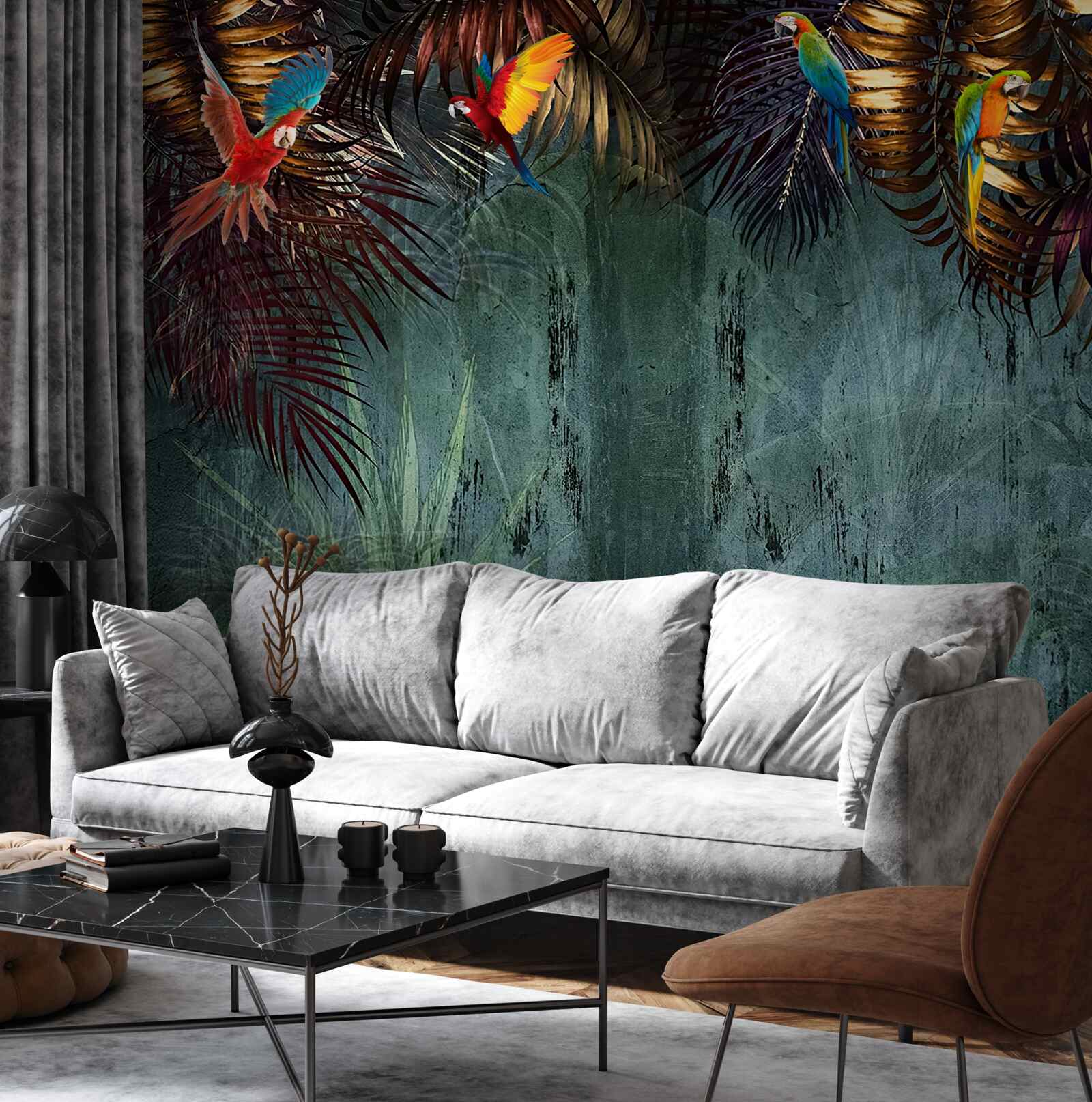 Фотошпалери ввечері папуги сидять на тропічному листі