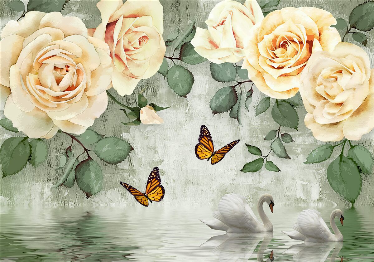 Фотошпалери кремові троянди з метеликами поруч
