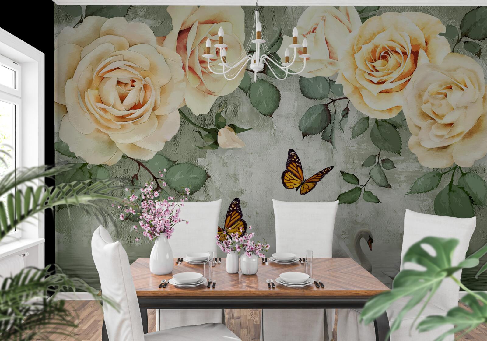 Фотошпалери кремові троянди з метеликами поруч