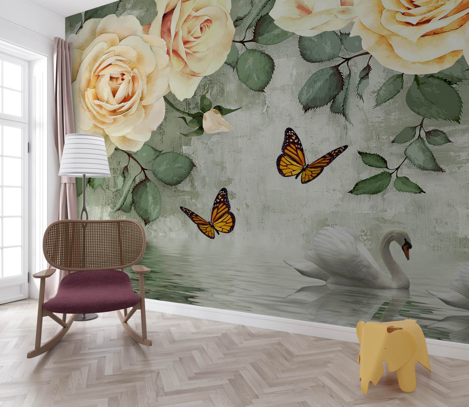 Фотошпалери кремові троянди з метеликами поруч
