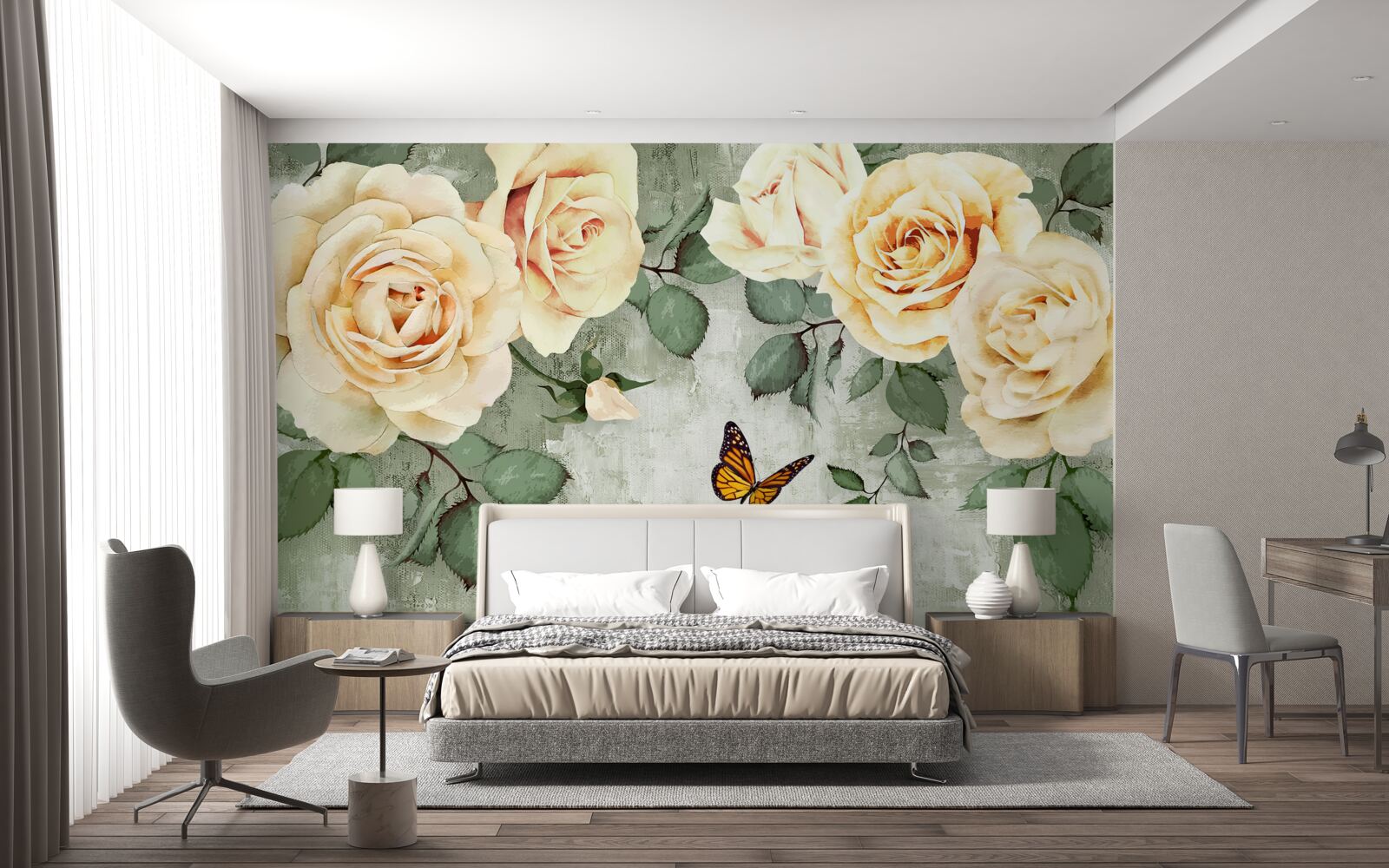 Фотошпалери кремові троянди з метеликами поруч
