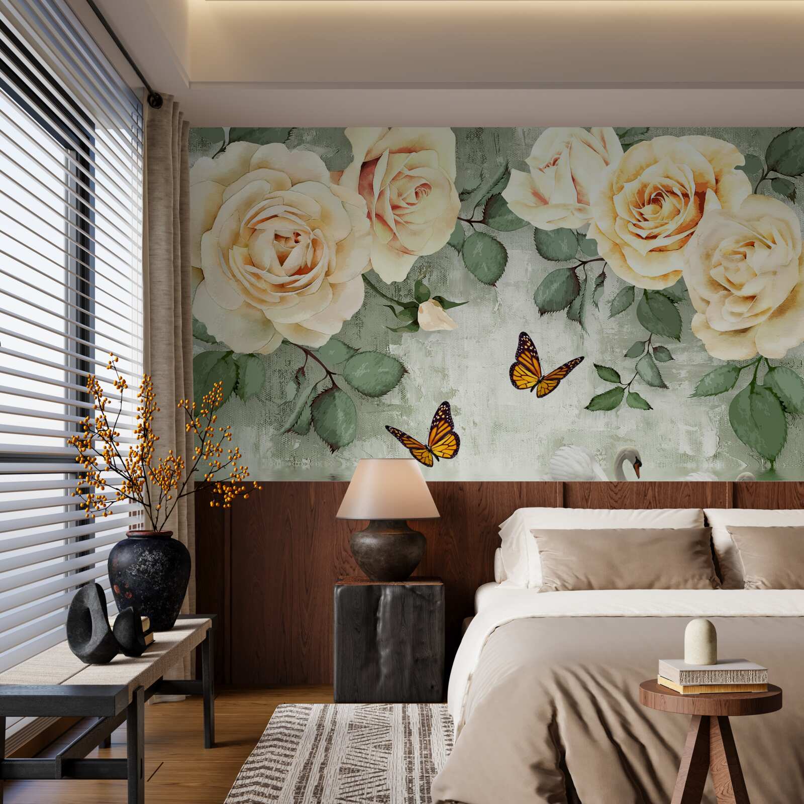 Фотошпалери кремові троянди з метеликами поруч